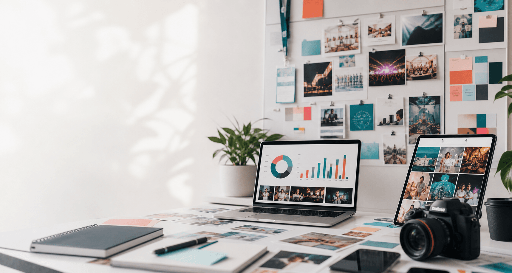 Modern agency workspace with event materials, digital campaign planning, and content production tools